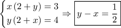 \left\{ \begin{gathered} 
  x\left( {2 + y} \right) = 3 \hfill \\ 
  y\left( {2 + x} \right) = 4 \hfill \\  
\end{gathered}  \right. \Rightarrow \boxed{y - x = \frac{1}{2}}