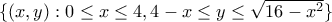 \{(x,y): 0\leq x\leq 4, 4-x\leq y\leq \sqrt{16-x^2}\}