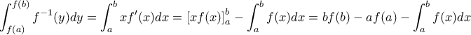 \displaystyle{\int _{f(a)}^{f(b)} f^{-1}(y)dy=\int _a^bxf'(x)dx= \left [ xf(x)\right ]_a^b- \int _a^bf(x)dx = bf(b)-af(a)- \int _a^bf(x)dx}