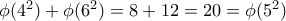 \phi(4^2) + \phi(6^2) = 8 + 12 = 20 = \phi(5^2)
