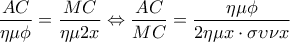 \displaystyle  
\frac{{AC}}{{\eta \mu \phi }} = \frac{{MC}}{{\eta \mu 2x}} \Leftrightarrow \frac{{AC}}{{MC}} = \frac{{\eta \mu \phi }}{{2\eta \mu x \cdot \sigma \upsilon \nu x}}