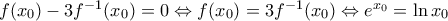 f({{x}_{0}})-3{{f}^{-1}}({{x}_{0}})=0\Leftrightarrow f({{x}_{0}})=3{{f}^{-1}}({{x}_{0}})\Leftrightarrow {{e}^{{{x}_{0}}}}=\ln {{x}_{0}}