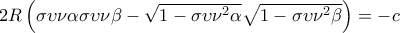2R\left(\sigma \upsilon \nu \alpha \sigma \upsilon \nu \beta -\sqrt{1-\sigma \upsilon \nu ^2\alpha}\sqrt{1-\sigma \upsilon \nu ^2\beta}\right)=-c