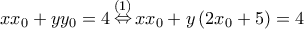 x{x_0} + y{y_0} = 4\mathop  \Leftrightarrow \limits^{\left( 1 \right)} x{x_0} + y\left( {2{x_0} + 5} \right) = 4