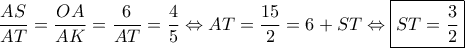  \displaystyle \frac{AS}{AT}=\frac{OA}{AK}=\frac{6}{AT}=\frac{4}{5}\Leftrightarrow AT=\frac{15}{2}=6+ST\Leftrightarrow \boxed{ST=\frac{3}{2}}