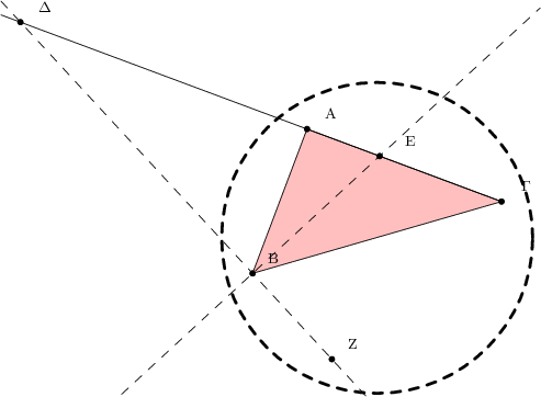 \begin{tikzpicture}[line cap=round,line join=round,>=triangle 45,x=0.7cm,y=0.7cm] 
\clip(-6.29,-3.61) rectangle (8.56,8.18); 
\fill[color=pink,fill=pink,fill opacity=0.1] (2.14,3.76) -- (0.64,-0.22) -- (7.5,1.76) -- cycle; 
\draw <span style="color:blue"> (2.14,3.76)-- (0.64,-0.22); 
\draw <span style="color:blue"> (0.64,-0.22)-- (7.5,1.76); 
\draw <span style="color:blue"> (7.5,1.76)-- (2.14,3.76); 
\draw [dash pattern=on 5pt off 5pt,domain=-6.29:8.56] plot(\x,{(--0.32089510398113885-0.7346241399113146*\x)/0.6784742980095572}); 
\draw [dash pattern=on 5pt off 5pt,domain=-6.29:8.56] plot(\x,{(-0.5958408615066058--0.6784742980095572*\x)/0.7346241399113146}); 
\draw [domain=-6.290000000000002:7.5] plot(\x,{(-24.4336--2.*\x)/-5.36}); 
\draw [line width=1.6pt,dash pattern=on 5pt off 5pt] (4.073254865860074,0.7587230405049973) circle (3cm); 
\begin{scriptsize} 
\draw [fill=black] (2.14,3.76) circle (1.5pt); 
\draw<span style="color:black"> (2.8,4.19) node {\textgreek{Α}}; 
\draw [fill=black] (0.64,-0.22) circle (1.5pt); 
\draw<span style="color:black"> (1.21,0.2) node {\textgreek{Β}}; 
\draw [fill=black] (7.5,1.76) circle (1.5pt); 
\draw<span style="color:black"> (8.17,2.18) node {\textgreek{Γ}}; 
\draw [fill=black] (-5.757327759410105,6.706764089332128) circle (1.5pt); 
\draw<span style="color:black"> (-5.09,7.13) node {\textgreek{Δ}}; 
\draw [fill=black] (4.140962707843653,3.0133721239389355) circle (1.5pt); 
\draw<span style="color:black"> (4.99,3.44) node {\textgreek{Ε}}; 
\draw [fill=black] (2.825205069032377,-2.5860504149932324) circle (1.5pt); 
\draw<span style="color:black"> (3.4,-2.17) node {\textgreek{Ζ}}; 
\end{scriptsize} 
\end{tikzpicture}
