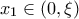 \displaystyle{x_1  \in \left( {0,\xi } \right)}