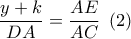 \dfrac{{y + k}}{{DA}} = \dfrac{{AE}}{{AC}}\,\,\left( 2 \right)