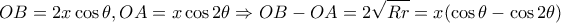 \displaystyle OB = 2x\cos \theta ,OA = x\cos 2\theta  \Rightarrow OB - OA = 2\sqrt {Rr}  = x(\cos \theta  - \cos 2\theta )