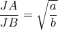 \dfrac{{JA}}{{JB}} = \sqrt {\dfrac{a}{b}} 