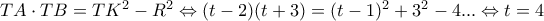 TA\cdot TB=TK^2-R^2\Leftrightarrow (t-2)(t+3)=(t-1)^2+3^2-4...\Leftrightarrow t=4