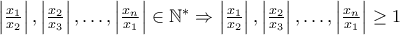 \left|\frac{x_1}{x_2}\right|,\left|\frac{x_2}{x_3}\right|,\dots, \left|\frac{x_n}{x_1}\right|\in\mathbb{N^*} \Rightarrow \left|\frac{x_1}{x_2}\right|,\left|\frac{x_2}{x_3}\right|,\dots, \left|\frac{x_n}{x_1}\right|\geq 1