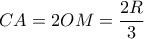 \displaystyle{CA = 2OM = \frac{{2R}}{3}}