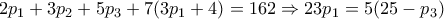 2p_1 +3p_2 +5p_3 +7(3p_1 +4 )=162\Rightarrow 23p_1 =5(25-p_3 )