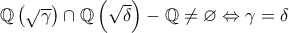 \mathbb{Q}\left( \sqrt{\gamma }\right) \cap \mathbb{Q}\left( \sqrt{\delta }\right) -\mathbb{Q}\neq \varnothing \Leftrightarrow \gamma =\delta