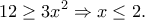 \displaystyle
12 \ge 3x^2 \Rightarrow x \le 2.
\displaystyle
12 \ge 3x^2 \Rightarrow x \le 2.