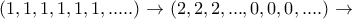 (1,1,1,1,1,1,.....)\rightarrow (2,2,2,...,0,0,0,....)\rightarrow 