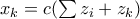 x_{k}=c(\sum z_{i}+z_{k})