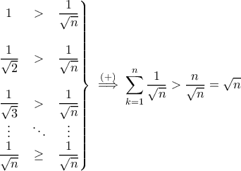 \displaystyle{\left.\begin{matrix} 
1 & >& \dfrac{1}{\sqrt{n}} \\\\  
\dfrac{1}{\sqrt{2}} & >  & \dfrac{1}{\sqrt{n}} \\\\  
\dfrac{1}{\sqrt{3}} &  > & \dfrac{1}{\sqrt{n}} \\  
\vdots & \ddots  & \vdots \\  
\dfrac{1}{\sqrt{n}} & \geq &  \dfrac{1}{\sqrt{n}} 
\end{matrix}\right\} \overset{(+)}{\implies} \sum_{k=1}^{n} \frac{1}{\sqrt{n}} > \frac{n}{\sqrt{n}} = \sqrt{n}}