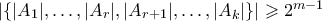 \left|\{|A_1|,\ldots,|A_r|,|A_{r+1}|,\ldots,|A_k|\}\right| \geqslant 2^{m-1}