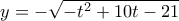 y=-\sqrt{-t^2+10t-21}