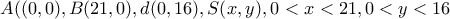 A((0,0), B(21, 0), d(0, 16), S(x, y),  0<x<21, 0<y<16
