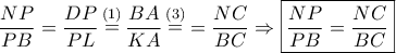 \displaystyle\frac{NP}{PB}=\frac{DP}{PL}\displaystyle\mathop=\limits^{(1)}\frac{BA}{KA}\mathop=\limits^{(3)}=\frac{NC}{BC}\Rightarrow \boxed{\frac{NP}{PB}=\frac{NC}{BC}}