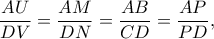 \dfrac{AU}{DV}=\dfrac{AM}{DN}=\dfrac{AB}{CD}=\dfrac{AP}{PD},