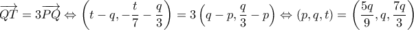 \displaystyle \overrightarrow {QT} = 3\overrightarrow {PQ} \Leftrightarrow \left( {t - q, - \frac{t}{7} - \frac{q}{3}} \right) = 3\left( {q - p,\frac{q}{3} - p} \right) \Leftrightarrow (p,q,t) = \left( {\frac{{5q}}{9},q,\frac{{7q}}{3}} \right) \displaystyle \overrightarrow {QT} = 3\overrightarrow {PQ} \Leftrightarrow \left( {t - q, - \frac{t}{7} - \frac{q}{3}} \right) = 3\left( {q - p,\frac{q}{3} - p} \right) \Leftrightarrow (p,q,t) = \left( {\frac{{5q}}{9},q,\frac{{7q}}{3}} \right)
