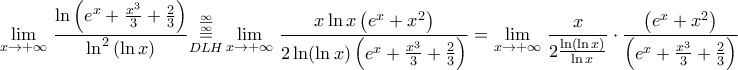 \displaystyle{\underset{x\to +\infty }{\mathop \lim }\,\frac{\ln \left( {{e}^{x}}+\frac{{{x}^{3}}}{3}+\frac{2}{3} \right)}{{{\ln }^{2}}\left( \ln x \right)}\underset{DLH}{\overset{\frac{\infty }{\infty }}{\mathop{=}}}\,\underset{x\to +\infty }{\mathop \lim }\,\frac{x\ln x\left( {{e}^{x}}+{{x}^{2}} \right)}{2\ln (\ln x)\left( {{e}^{x}}+\frac{{{x}^{3}}}{3}+\frac{2}{3} \right)}=\underset{x\to +\infty }{\mathop \lim }\,\frac{x}{2\frac{\ln (\ln x)}{\ln x}}\cdot \frac{\left( {{e}^{x}}+{{x}^{2}} \right)}{\left( {{e}^{x}}+\frac{{{x}^{3}}}{3}+\frac{2}{3} \right)}}