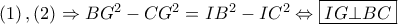 \left( 1 \right),\left( 2 \right) \Rightarrow B{G^2} - C{G^2} = I{B^2} - I{C^2} \Leftrightarrow \boxed{IG \bot BC}
