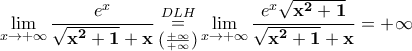 \displaystyle{\mathop {\lim }\limits_{x \to  + \infty } \frac{{{e^x}}}{{\sqrt {{{\bf{x}}^{\bf{2}}} + {\bf{1}}}  + {\bf{x}}}}\mathop  = \limits_{\left( {\frac{{ + \infty }}{{ + \infty }}} \right)}^{DLH} \mathop {\lim }\limits_{x \to  + \infty } \frac{{{e^x}\sqrt {{{\bf{x}}^{\bf{2}}} + {\bf{1}}} }}{{\sqrt {{{\bf{x}}^{\bf{2}}} + {\bf{1}}}  + {\bf{x}}}} =  + \infty }
