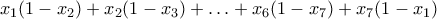 x_{1}(1-x_{2})+x_{2}(1-x_{3})+ \ldots + x_{6}(1-x_{7})+x_{7}(1-x_{1})