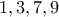 \displaystyle{1,3,7,9}