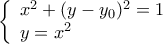 \displaystyle{\left\{ \begin{array}{l} 
{x^2} + {(y - {y_0})^2} = 1\\ 
y = {x^2} 
\end{array} \right.}