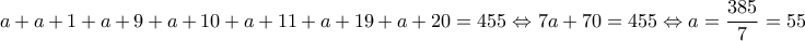 a+a+1+a+9+a+10+a+11+a+19+a+20=455\Leftrightarrow 7a+70=455\Leftrightarrow a=\dfrac{385}{7}=55