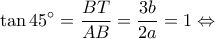 \displaystyle \tan 45^\circ  = \frac{{BT}}{{AB}} = \frac{{3b}}{{2a}} = 1 \Leftrightarrow 