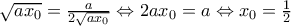 \sqrt{a{{x}_{0}}}=\frac{a}{2\sqrt{a{{x}_{0}}}}\Leftrightarrow 2a{{x}_{0}}=a\Leftrightarrow {{x}_{0}}=\frac{1}{2}