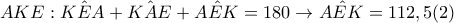 AKE: \hat{KEA}+\hat{KAE}+\hat{AEK}=180 \rightarrow \hat{AEK}=112,5 (2)