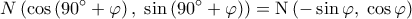 \displaystyle N\left( {\cos \left( {90^\circ  + \varphi } \right),\;\sin \left( {90^\circ  + \varphi } \right)} \right) = {\rm N}\left( { - \sin \varphi ,\;\cos \varphi } \right)