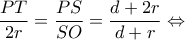 \displaystyle \frac{{PT}}{{2r}} = \frac{{PS}}{{SO}} = \frac{{d + 2r}}{{d + r}} \Leftrightarrow 