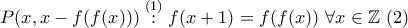 \displaystyle{P(x,x-f(f(x)))\overset{(1)}:f(x+1)=f(f(x)) \ \forall x\in \mathbb{Z} \ (2)}