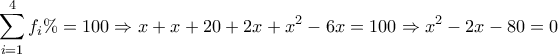 \displaystyle{\sum\limits_{i = 1}^4 {{f_i}\% }  = 100 \Rightarrow x + x + 20 + 2x + {x^2} - 6x = 100 \Rightarrow {x^2} - 2x - 80 = 0}