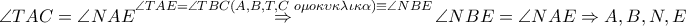 \angle TAC=\angle NAE\overset{\angle TAE=\angle TBC\left( A,B,T,C\,\,o\mu o\kappa \upsilon \kappa \lambda \iota \kappa \alpha  \right)\equiv \angle NBE}{\mathop{\Rightarrow }}\,\angle NBE=\angle NAE\Rightarrow A,B,N,E