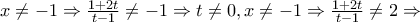 x\neq -1\Rightarrow \frac{1+2t}{t-1}\neq -1\Rightarrow t\neq 0, x\neq -1\Rightarrow \frac{1+2t}{t-1}\neq2\Rightarrow