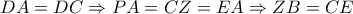 DA=DC \Rightarrow PA=CZ=EA \Rightarrow ZB=CE DA=DC \Rightarrow PA=CZ=EA \Rightarrow ZB=CE