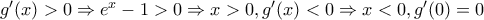 g'(x)>0\Rightarrow e^{x}-1>0\Rightarrow x>0, g'(x)<0\Rightarrow x<0, g'(0)=0