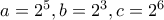 a=2^5 , b=2^3 , c=2^6