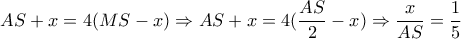 AS+x=4(MS-x) \Rightarrow AS+x=4( \dfrac{AS}{2} -x) \Rightarrow \dfrac{x}{AS}= \dfrac{1}{5} AS+x=4(MS-x) \Rightarrow AS+x=4( \dfrac{AS}{2} -x) \Rightarrow \dfrac{x}{AS}= \dfrac{1}{5}