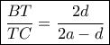 \boxed{ \frac{{BT}}{{TC}} = \frac{{2d}}{{2a - d}}}